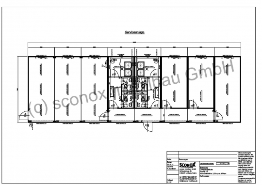 Serviceanlage, ca. 180 m², Standard-Dämmung, zentrale Gemeinschaftsküche, Unterkunft für 6 Personen, Duschen/WC´s