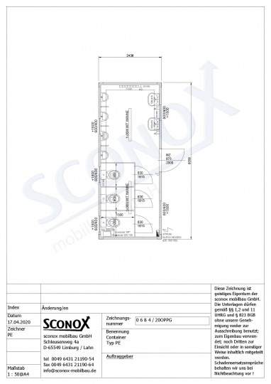 20OPPG 0684 - Herren-WC-Container, 20ft, Sockelkanal