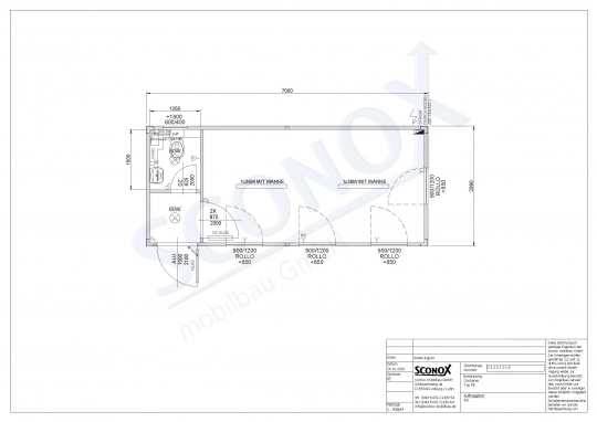 219 0330 - Bürocontainer, 21 m² mit Windfang und WC